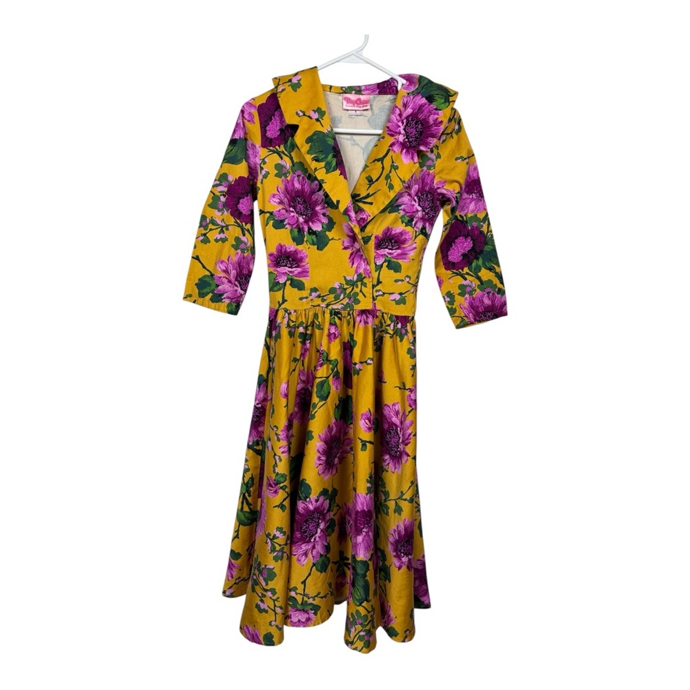 Pinup Couture Dress Womens Small Birdie Swing Skirt Floral Mustard 1950s Glamour